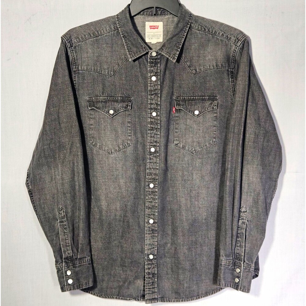 Levi's Shirt Denim Western Barstow Pearl Snap Mens L Black Washed Cotton Faded